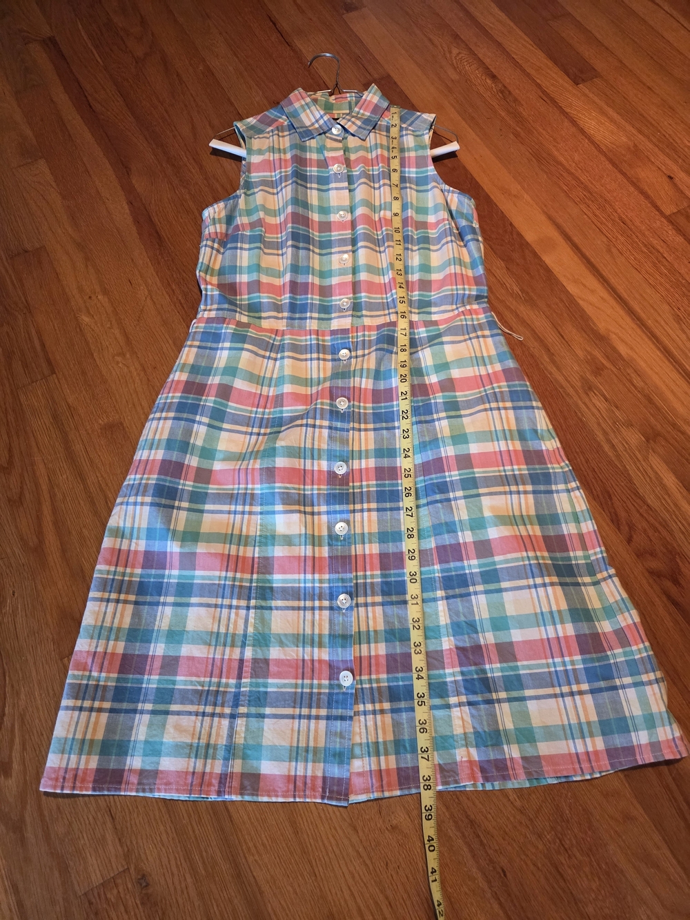 Lands' End Pastel Plaid Sleeveless Button-Front Dress 100% Cotton